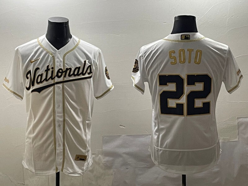 Washington Commanders #22 Juan Soto Nationals Gold Text Baseball Jersey baseball jersey product view 1