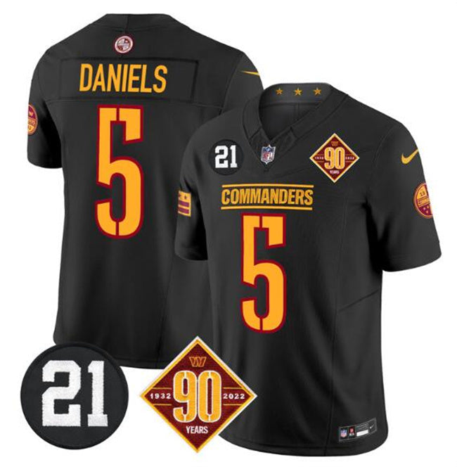 Washington Commanders #5 Jayden Daniels Black F.U.S.E. 90th & Sean Taylor Patch Vapor Football Jersey football jersey product view 1