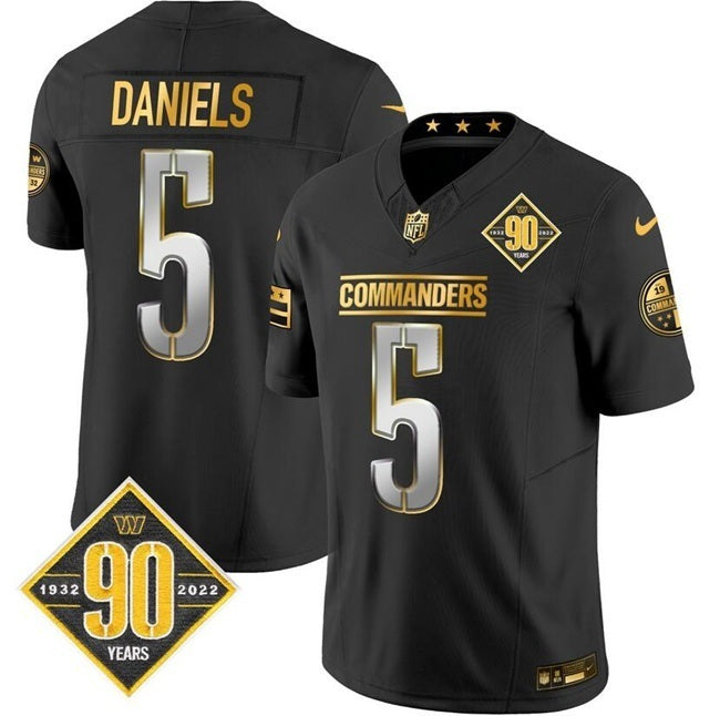 Washington Commanders #5 Jayden Daniels Black Gold F.U.S.E. 90th Anniversary Vapor Football Jersey football jersey product view 1