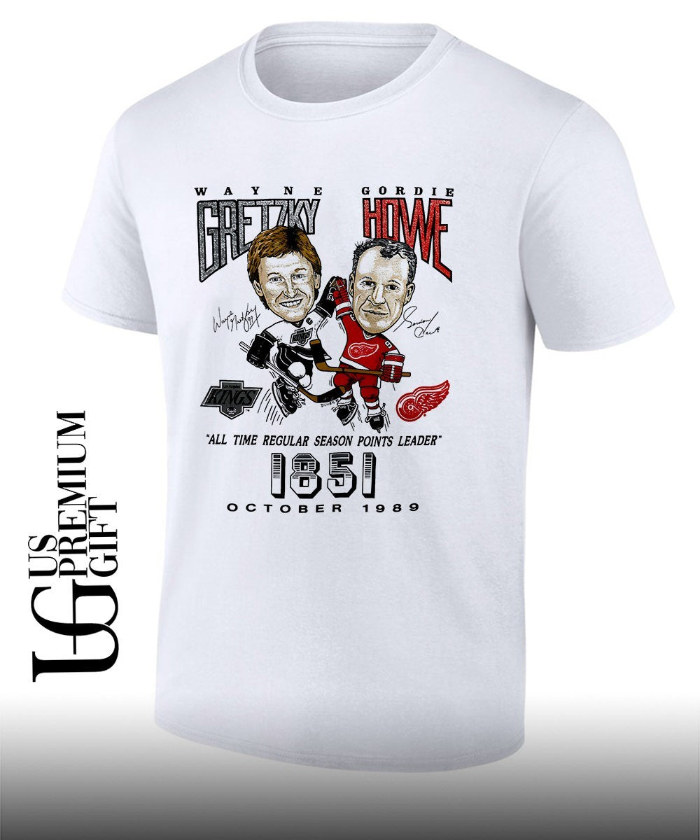Wayne Gretzky vs Gordie Howe hockey all time regular season points leader 1851 caricature signature shirt - T-Shirt, Sweatshirt, Hoodie