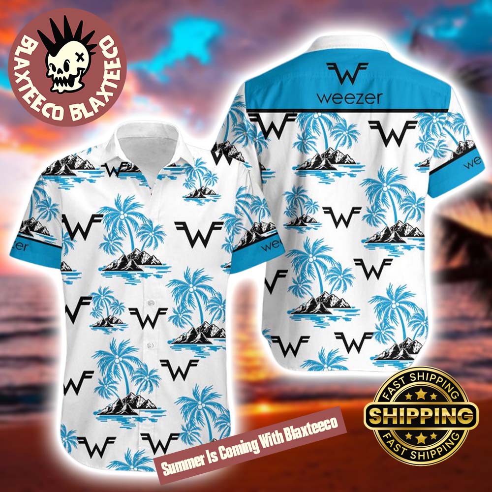 Weezer Logo Palm Tree Island Pattern Summer 2025 Hawaiian Shirt Unisex T-shirt, Sweatshirt, Hoodie, Long Sleeve Tee - T-Shirt, Sweatshirt, Hoodie