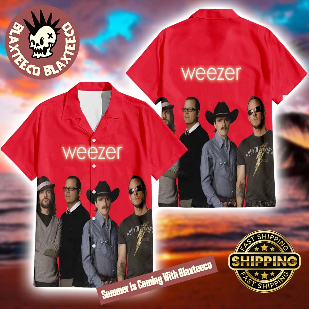 Weezer Red Album Cover Band Member Photo Summer 2025 Hawaiian Shirt Unisex T-shirt, Sweatshirt, Hoodie, Long Sleeve Tee - T-Shirt, Sweatshirt, Hoodie