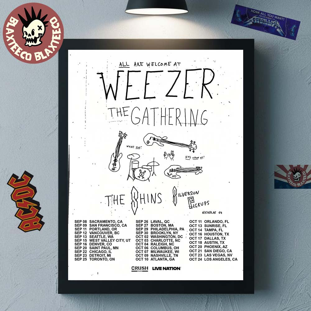 Weezer The Gathering Tour 2026 North America City Dates Home Decor Poster Canvas Unisex T-shirt, Sweatshirt, Hoodie, Long Sleeve Tee - T-Shirt, Sweatshirt, Hoodie