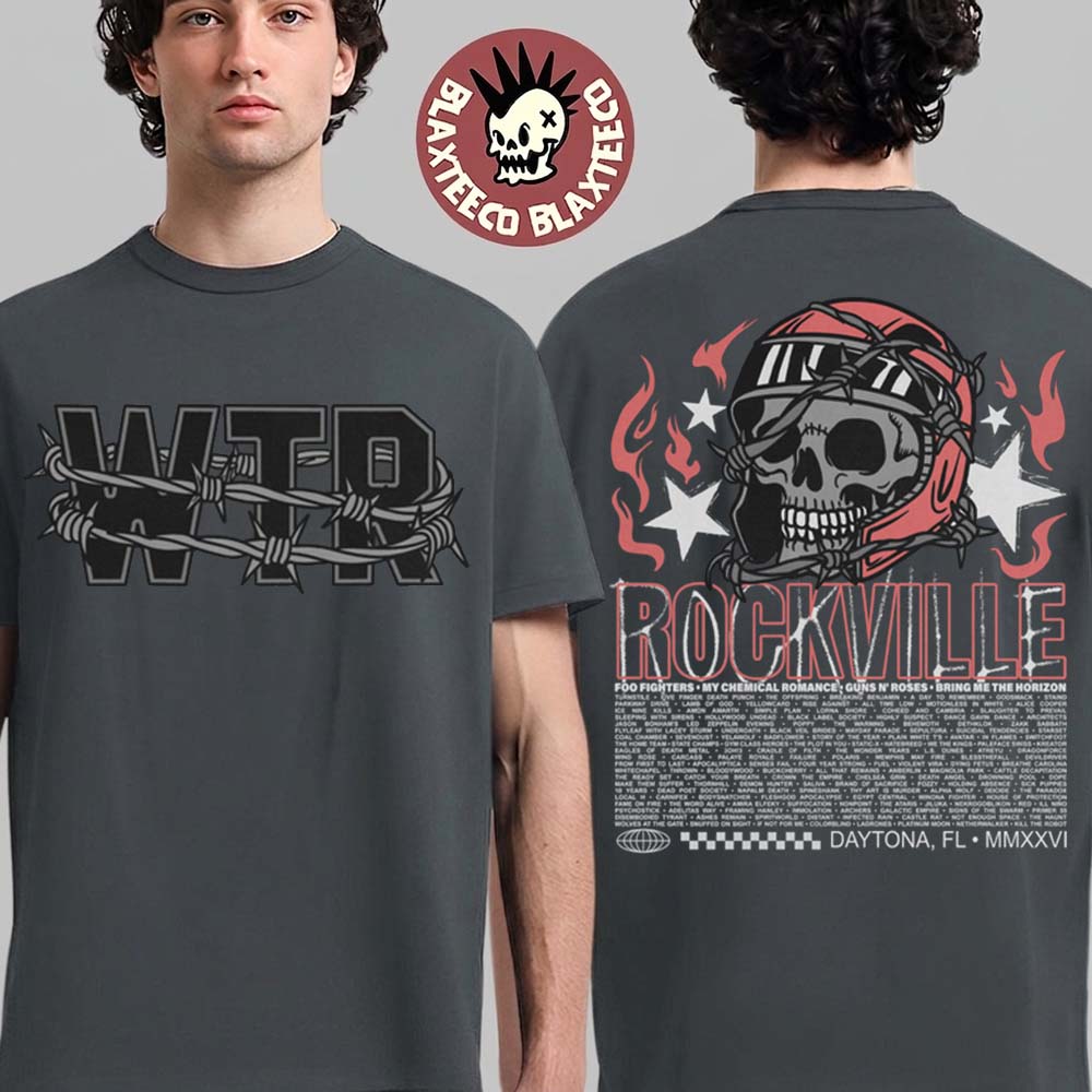 Welcome To Rockville 2026 Festival Merch Daytona Beach Florida Rockville Barbed Helmet Skull Lineup T-Shirt - T-Shirt, Sweatshirt, Hoodie