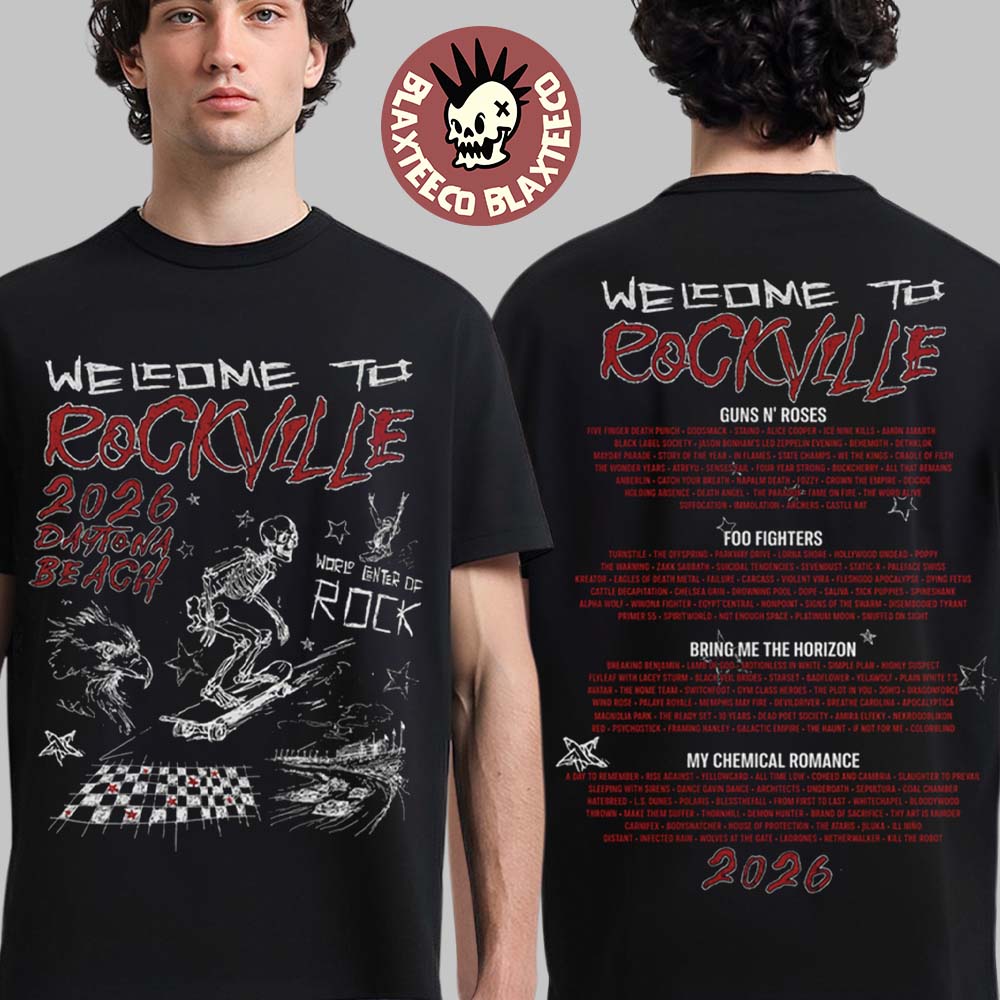 Welcome To Rockville 2026 Festival Merch Daytona Beach Florida Rockville Doodle Skating Skeleton With Lineup T-Shirt - T-Shirt, Sweatshirt, Hoodie