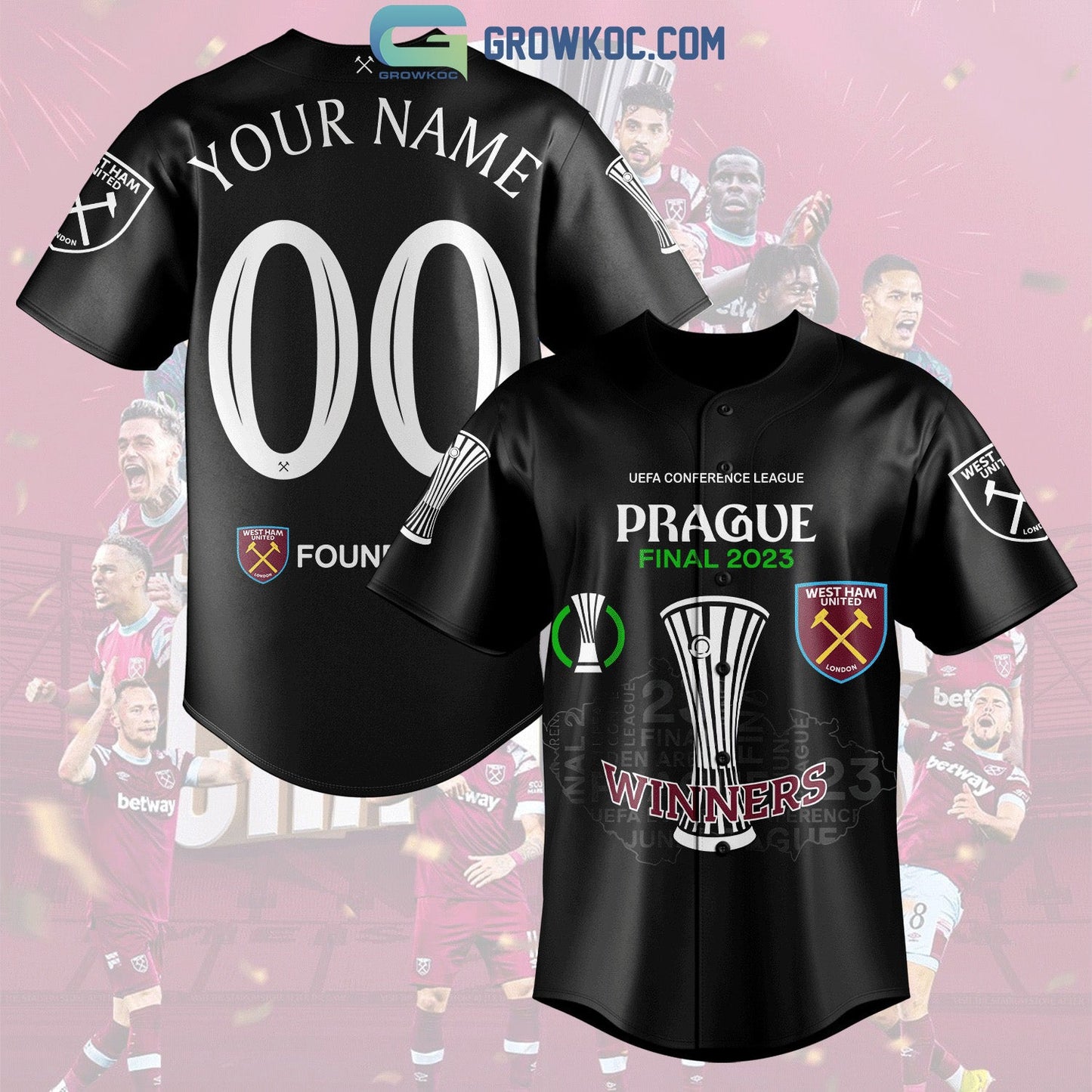 West Ham United UEFA Conference League Winners Final 2023 Personalized Black Design Baseball Jersey baseball jersey product view 1