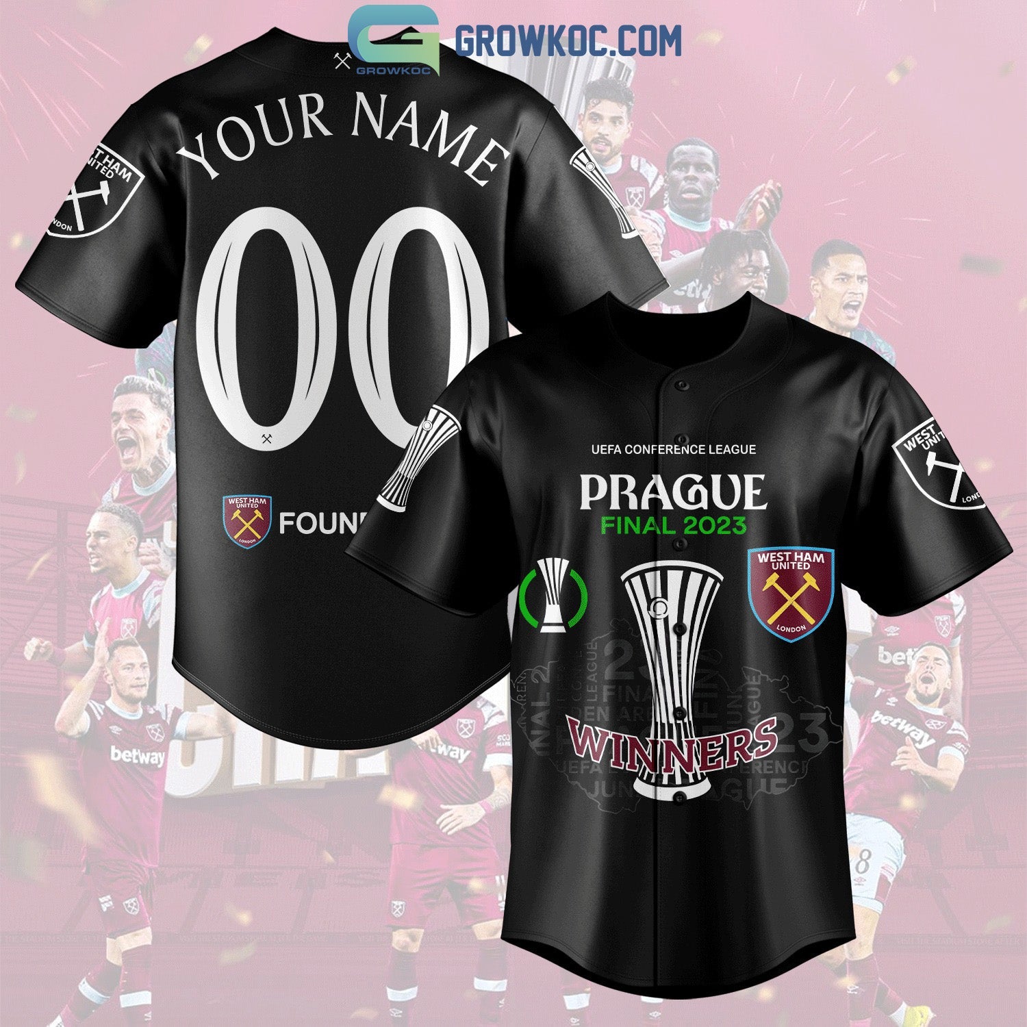 West Ham United UEFA Conference League Winners Final 2023 Personalized Black Design Baseball Jersey baseball jersey product view 1