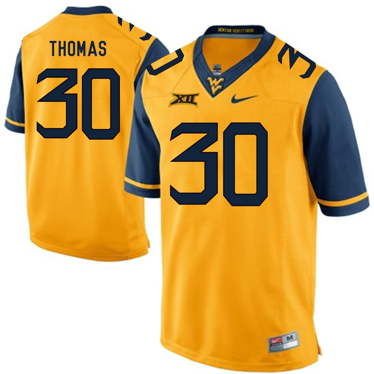 West Virginia Mountaineers J.T. Thomas 30 Gold College Football Jersey football jersey product view 1