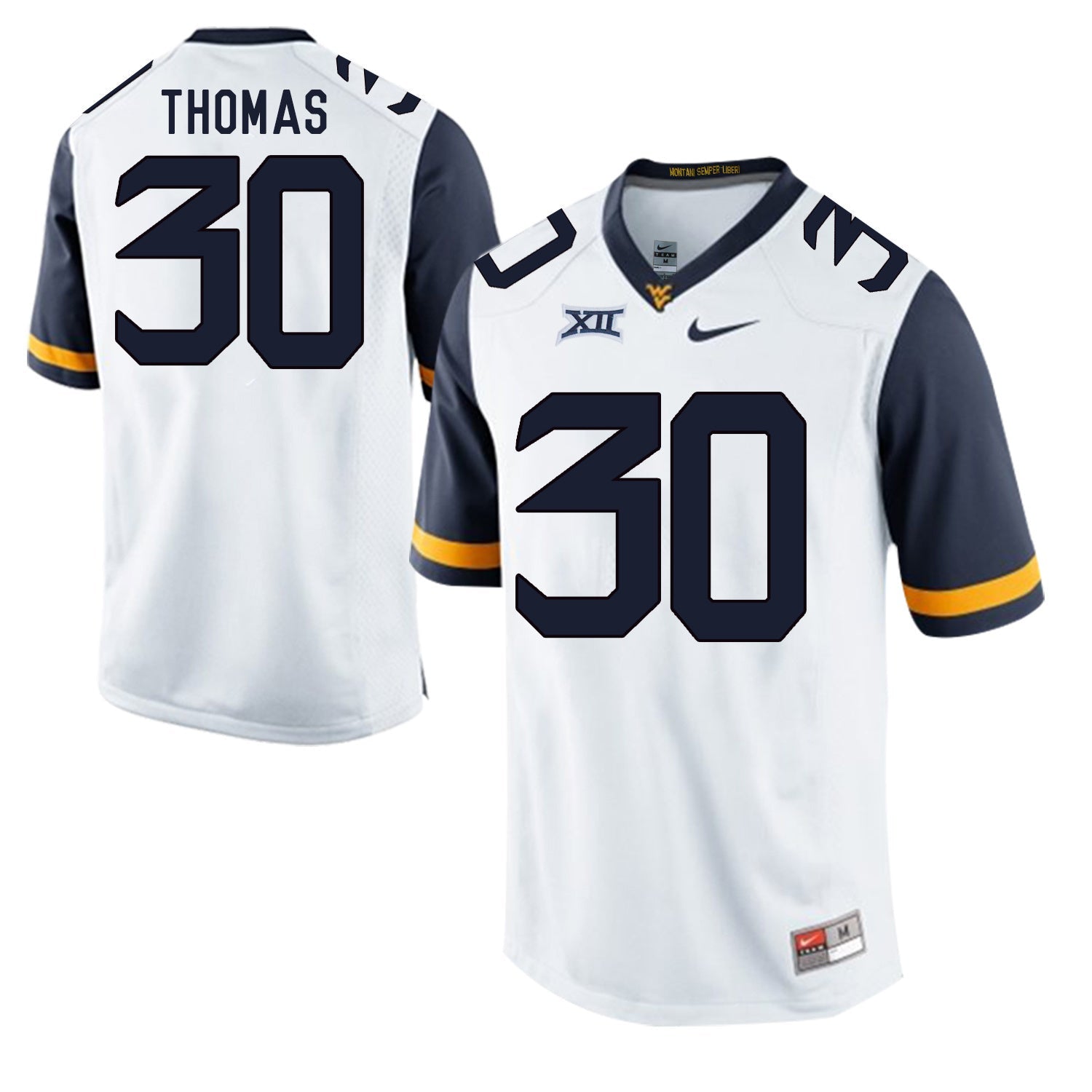 West Virginia Mountaineers J.T. Thomas 30 White College Football Jersey football jersey product view 1