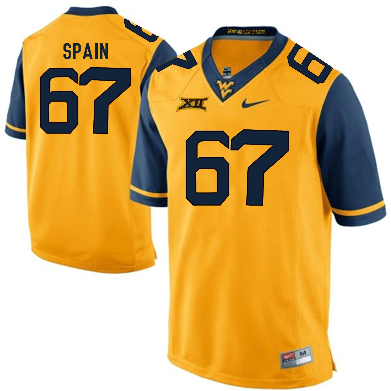 West Virginia Mountaineers Quinton Spain 67 Gold College Football Jersey football jersey product view 1