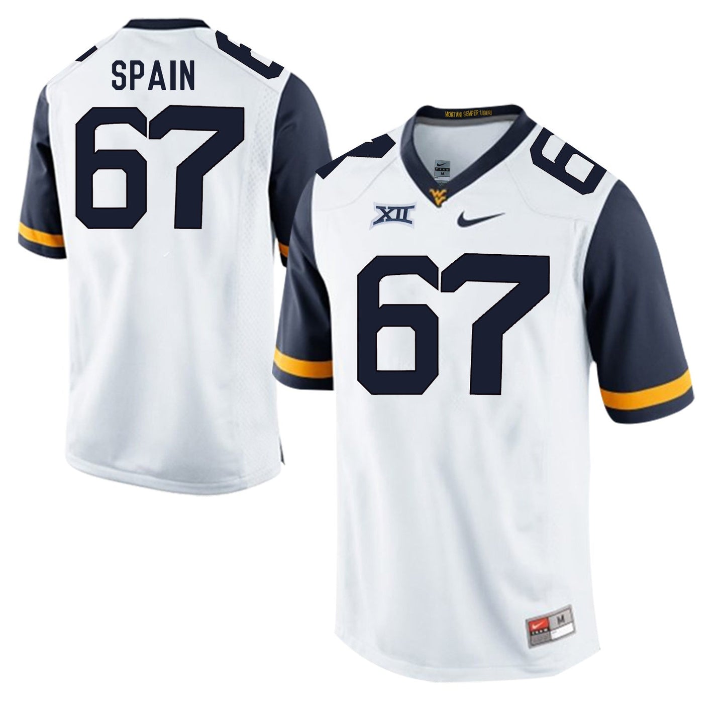 West Virginia Mountaineers Quinton Spain 67 White College Football Jersey football jersey product view 1