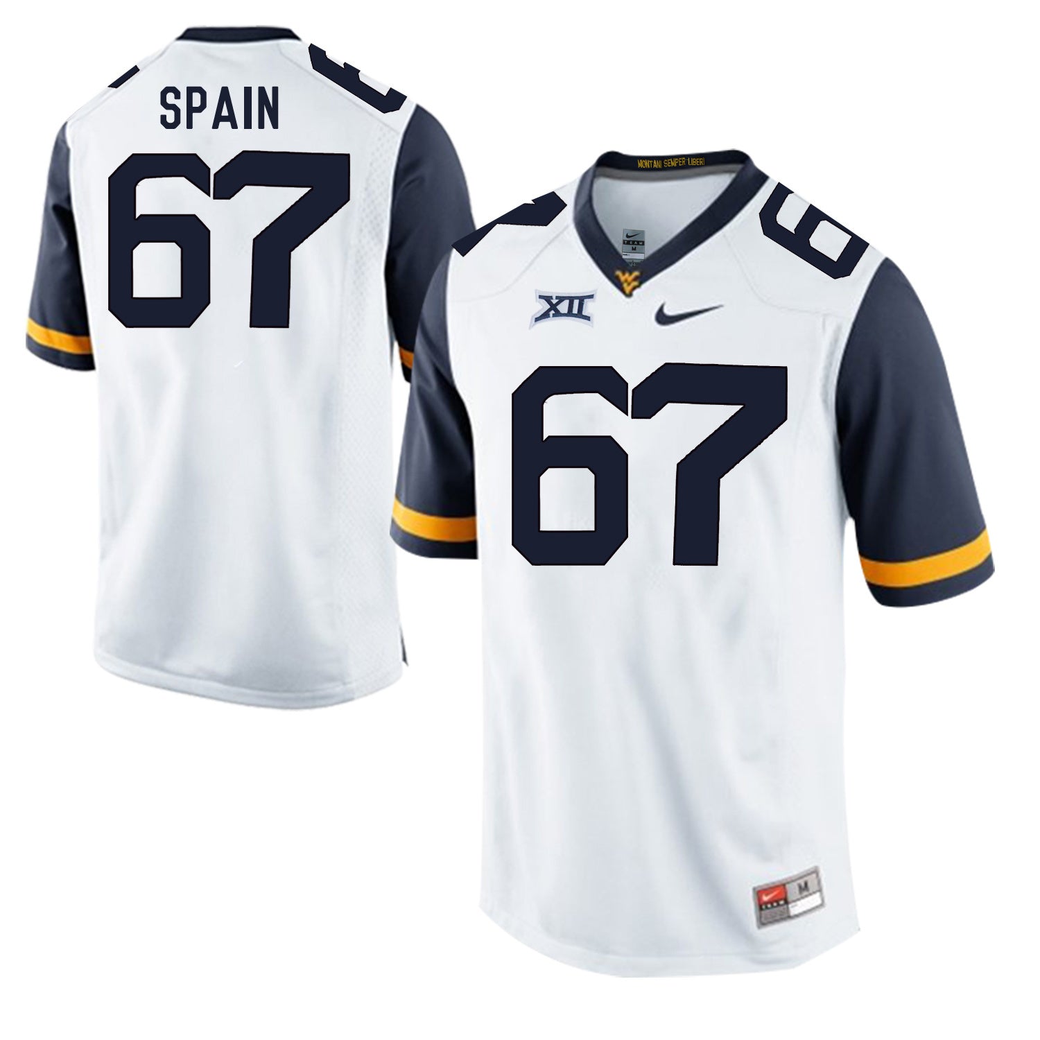 West Virginia Mountaineers Quinton Spain 67 White College Football Jersey football jersey product view 1