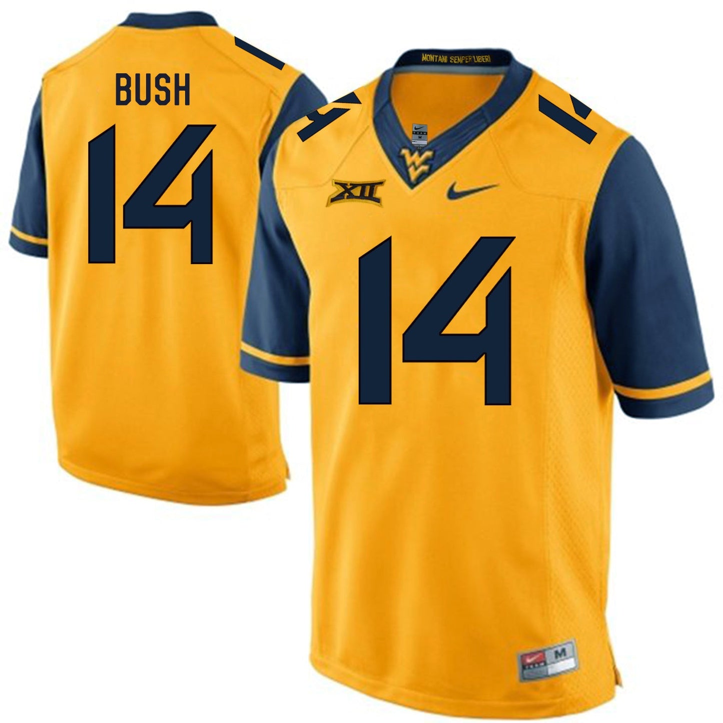 West Virginia Mountaineers Tevin Bush 14 Gold College Football Jersey football jersey product view 1