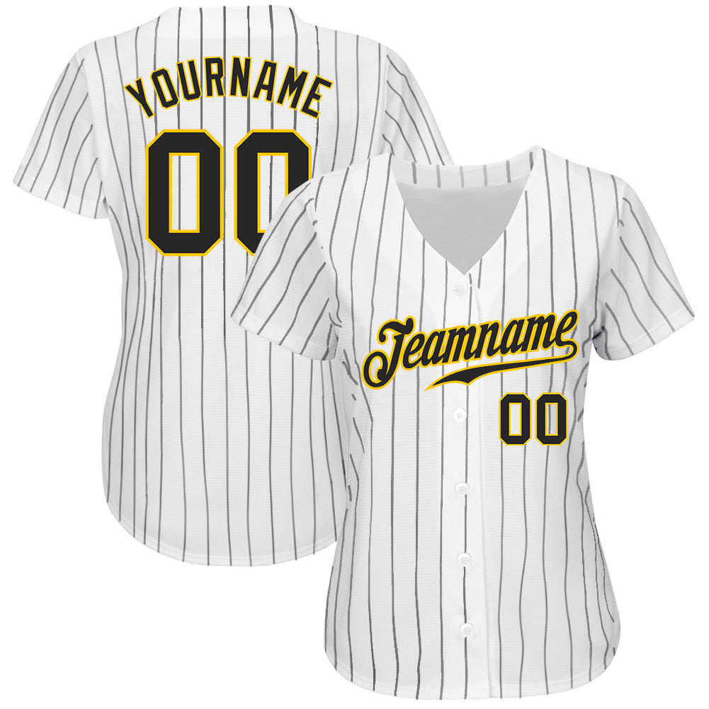 Custom White Black Pinstripe Black-Gold Authentic Baseball Jersey baseball jersey product view 2