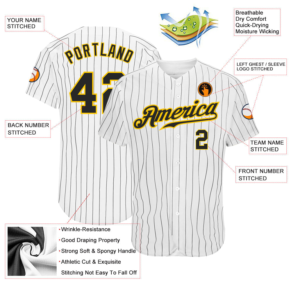 Custom White Black Pinstripe Black-Gold Authentic Baseball Jersey baseball jersey product view 3