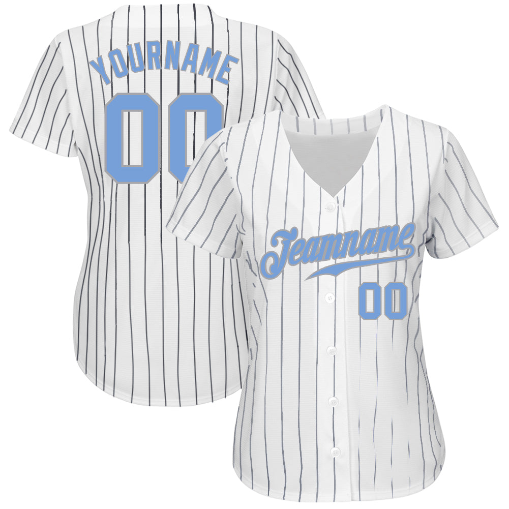 Custom White Navy Pinstripe Light Blue-Gray Authentic Baseball Jersey baseball jersey product view 2