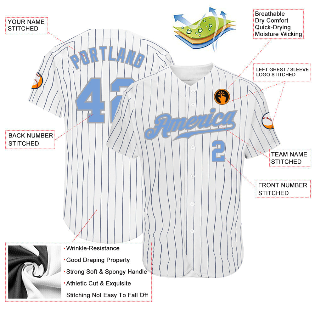 Custom White Navy Pinstripe Light Blue-Gray Authentic Baseball Jersey baseball jersey product view 3