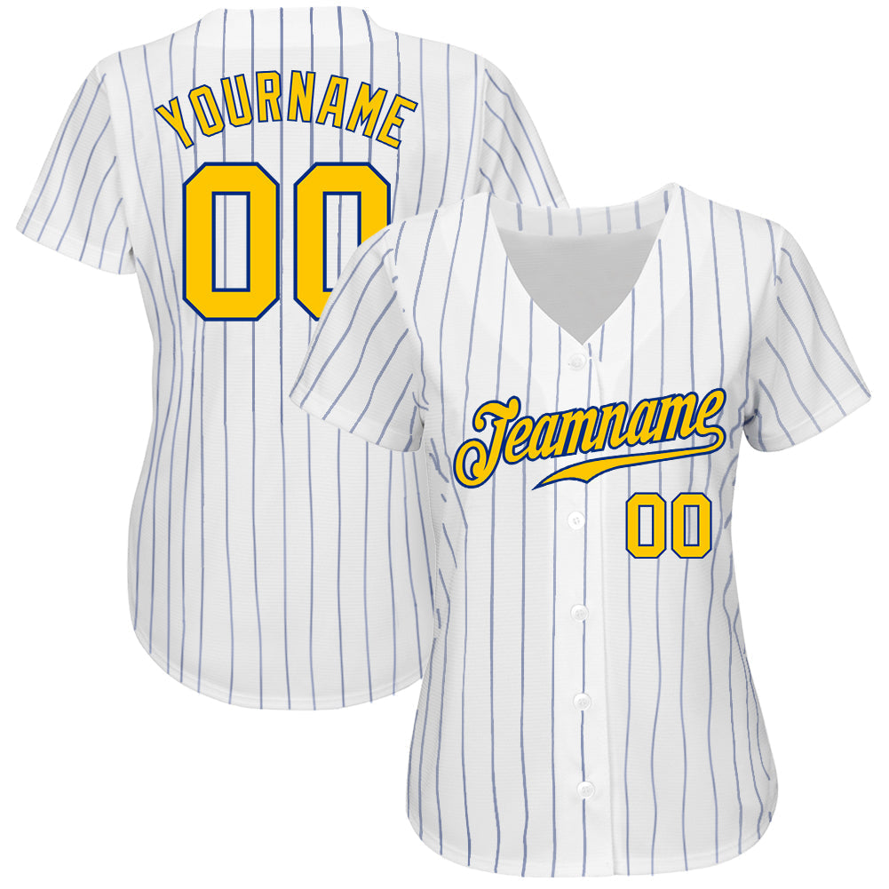 Custom White Royal Pinstripe Gold-Royal Authentic Baseball Jersey baseball jersey product view 2