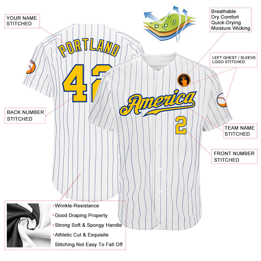 Custom White Royal Pinstripe Gold-Royal Authentic Baseball Jersey baseball jersey product view 3