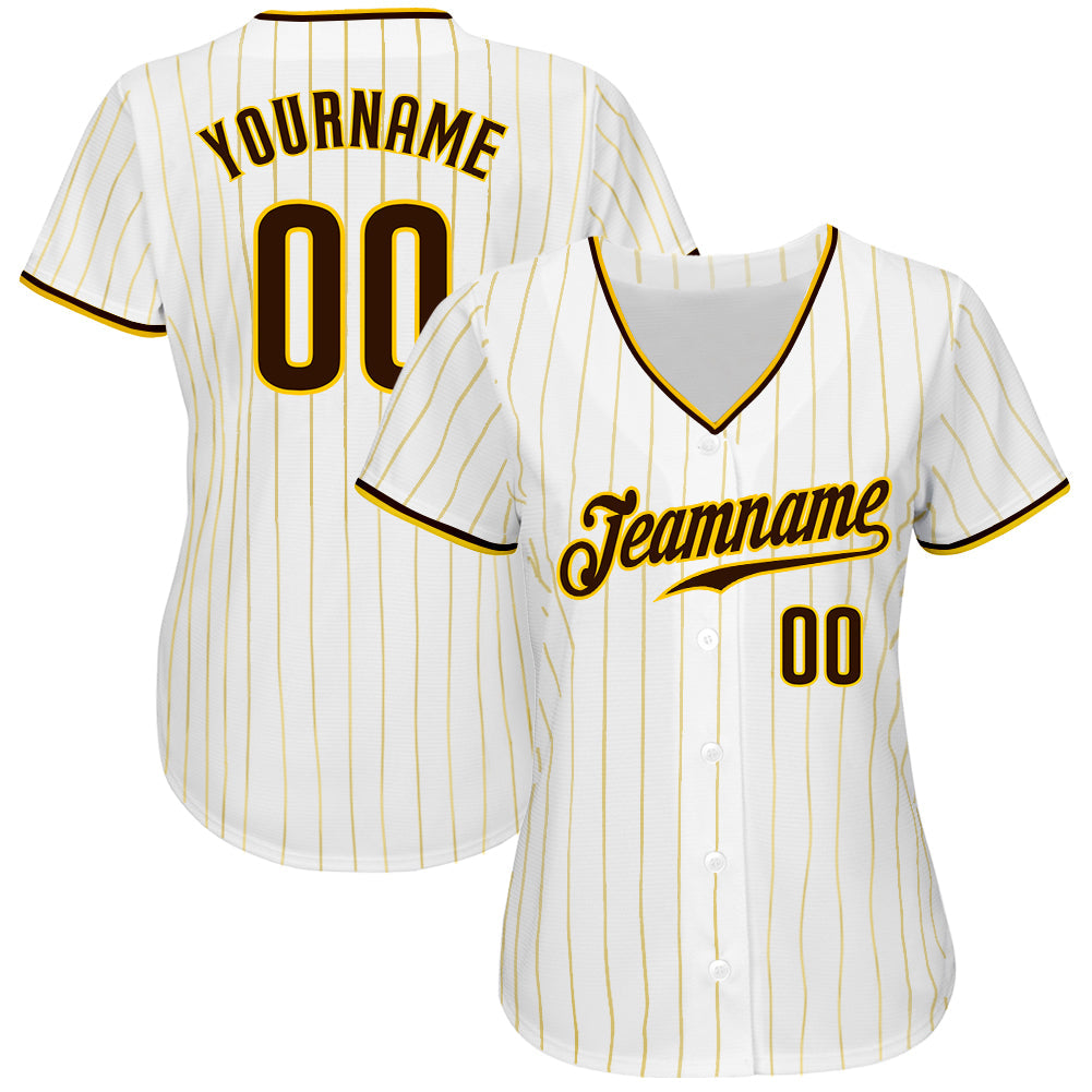 Custom White Gold Pinstripe Brown-Gold Authentic Baseball Jersey baseball jersey product view 2