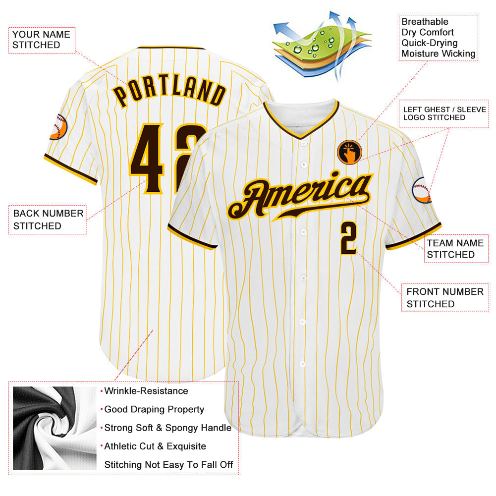 Custom White Gold Pinstripe Brown-Gold Authentic Baseball Jersey baseball jersey product view 3