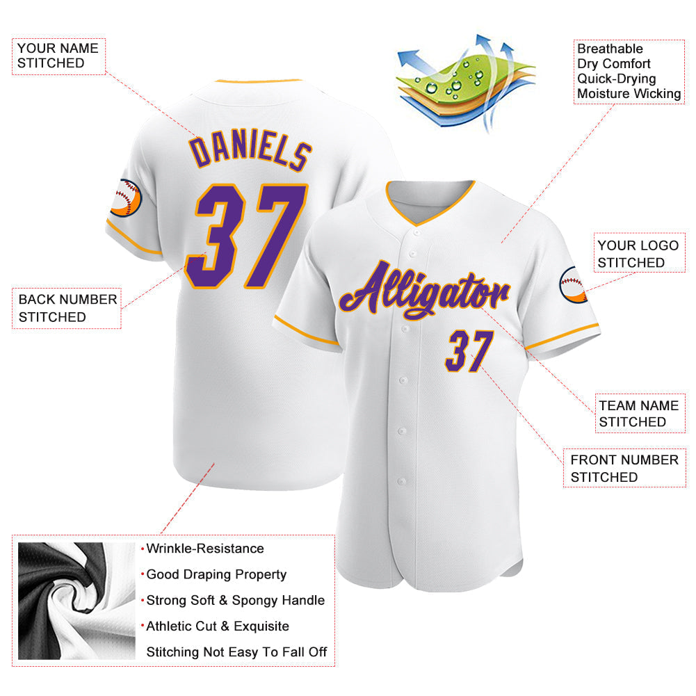Custom White Purple-Gold Authentic Baseball Jersey baseball jersey product view 3