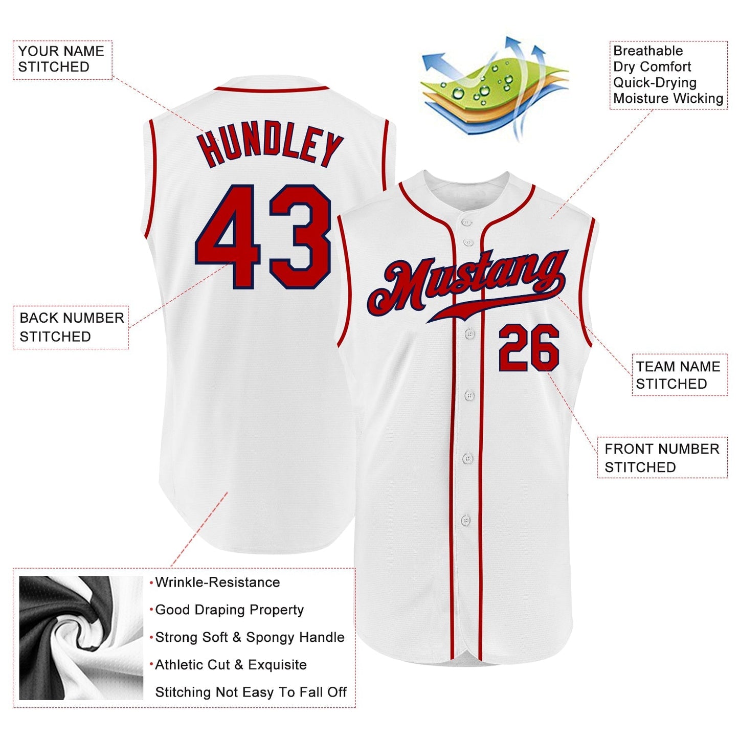 Custom White Red-Navy Authentic Sleeveless Baseball Jersey baseball jersey product view 2