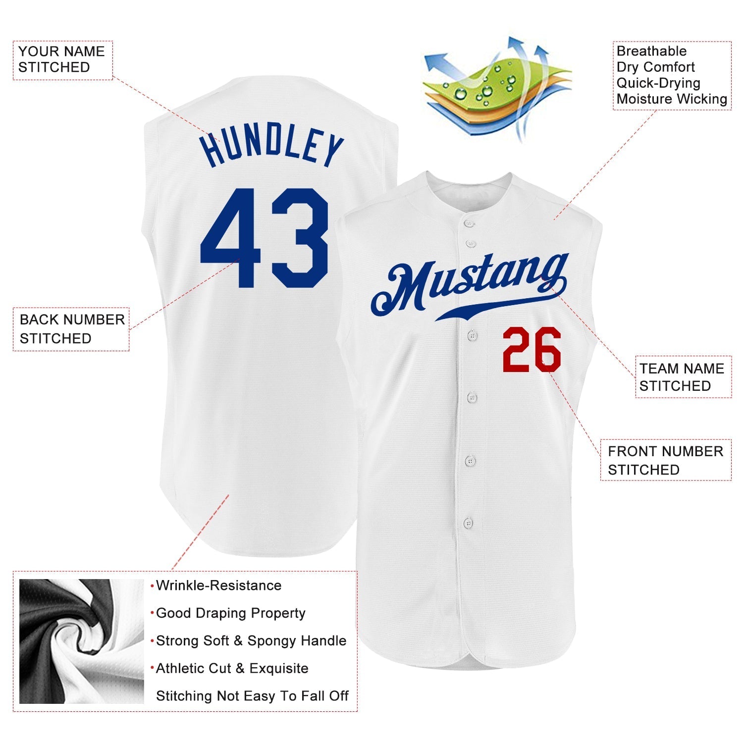 Custom White Royal-Red Authentic Sleeveless Baseball Jersey baseball jersey product view 2