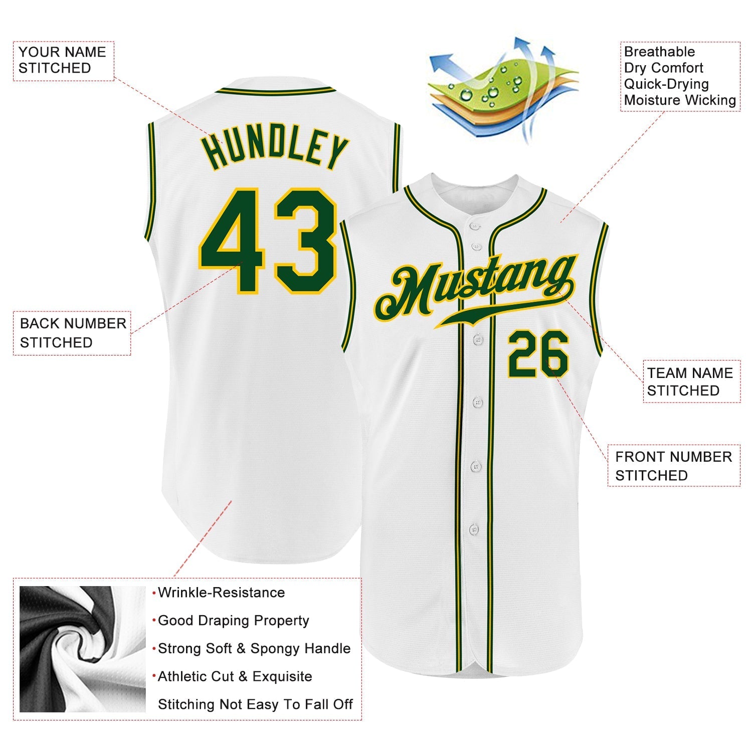 Custom White Green-Gold Authentic Sleeveless Baseball Jersey baseball jersey product view 2