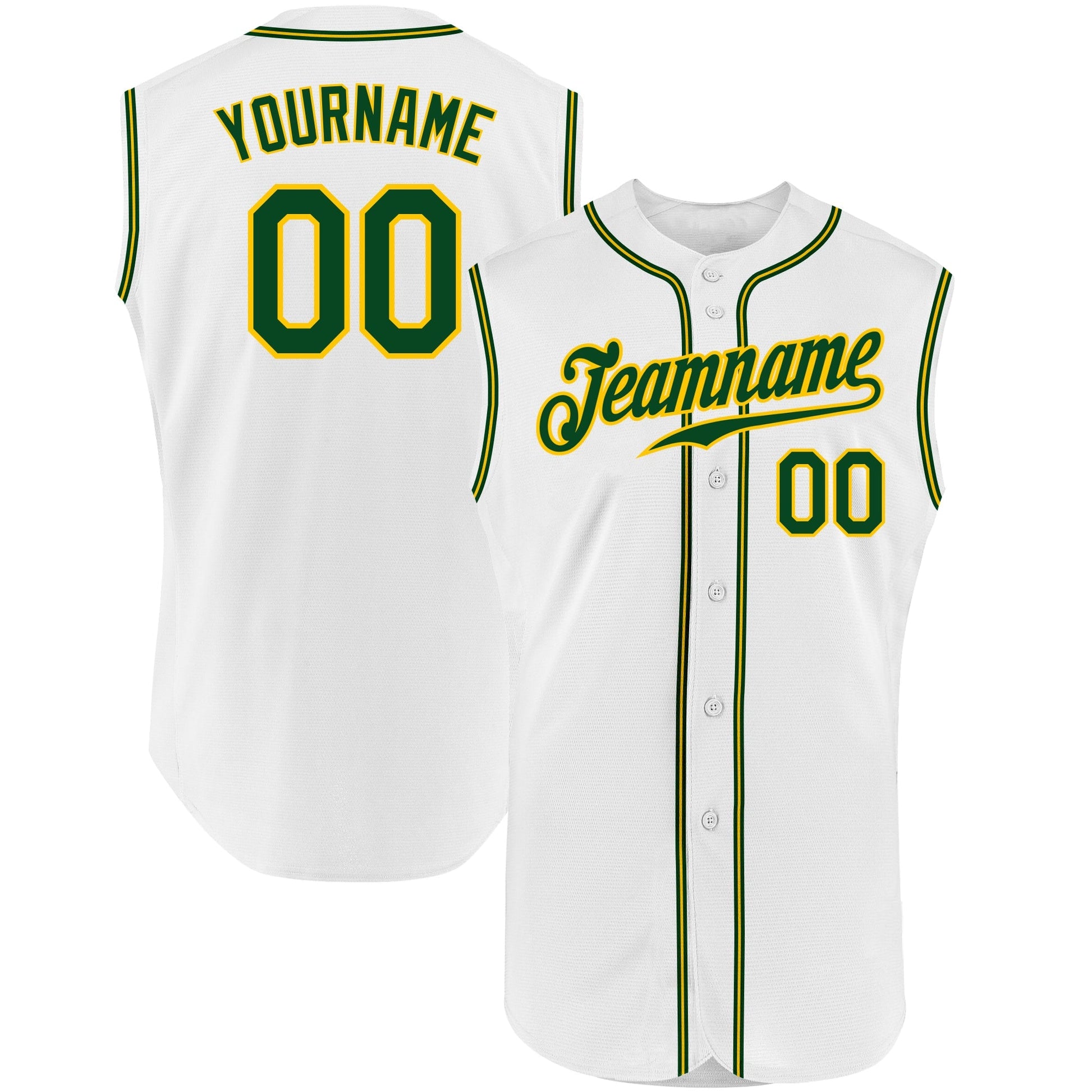 Custom White Green-Gold Authentic Sleeveless Baseball Jersey baseball jersey product view 1