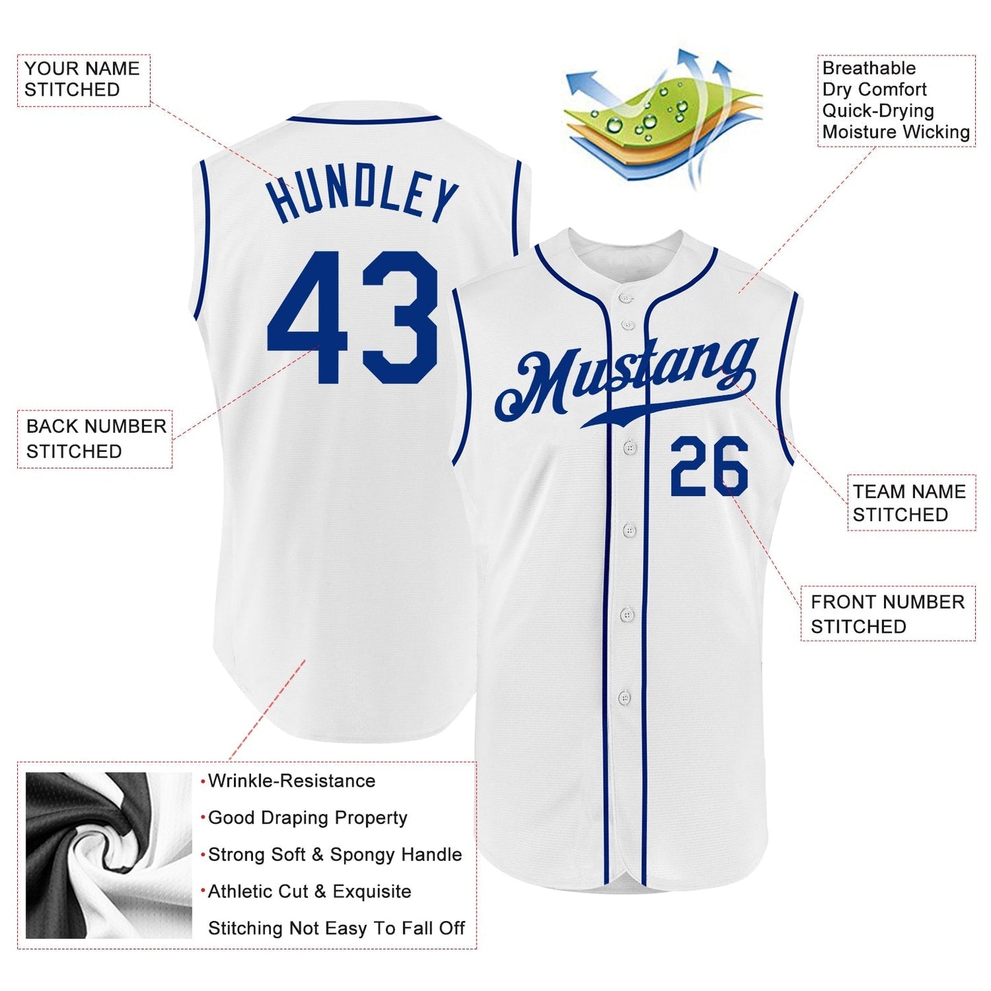 Custom White Royal Authentic Sleeveless Baseball Jersey baseball jersey product view 2
