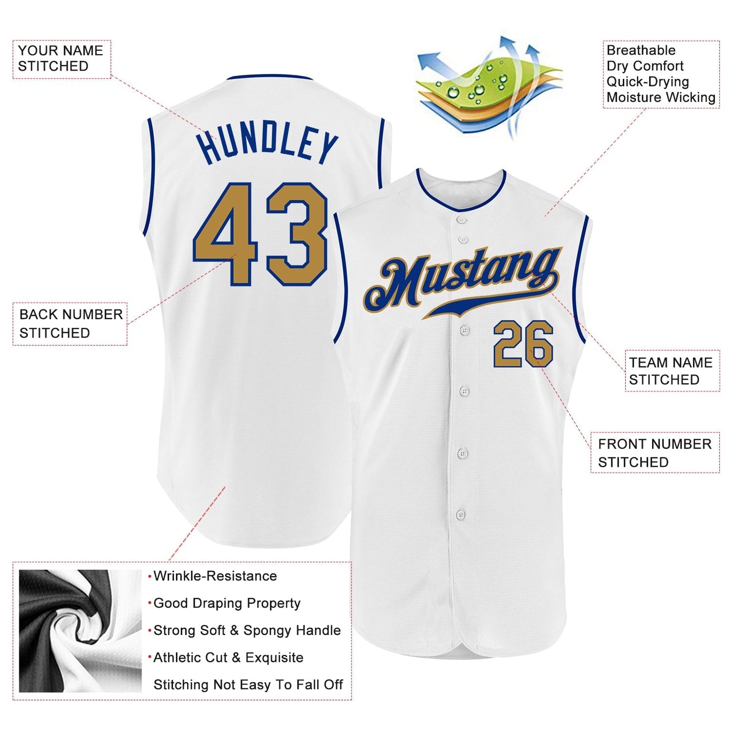 Custom White Old Gold-Royal Authentic Sleeveless Baseball Jersey baseball jersey product view 2