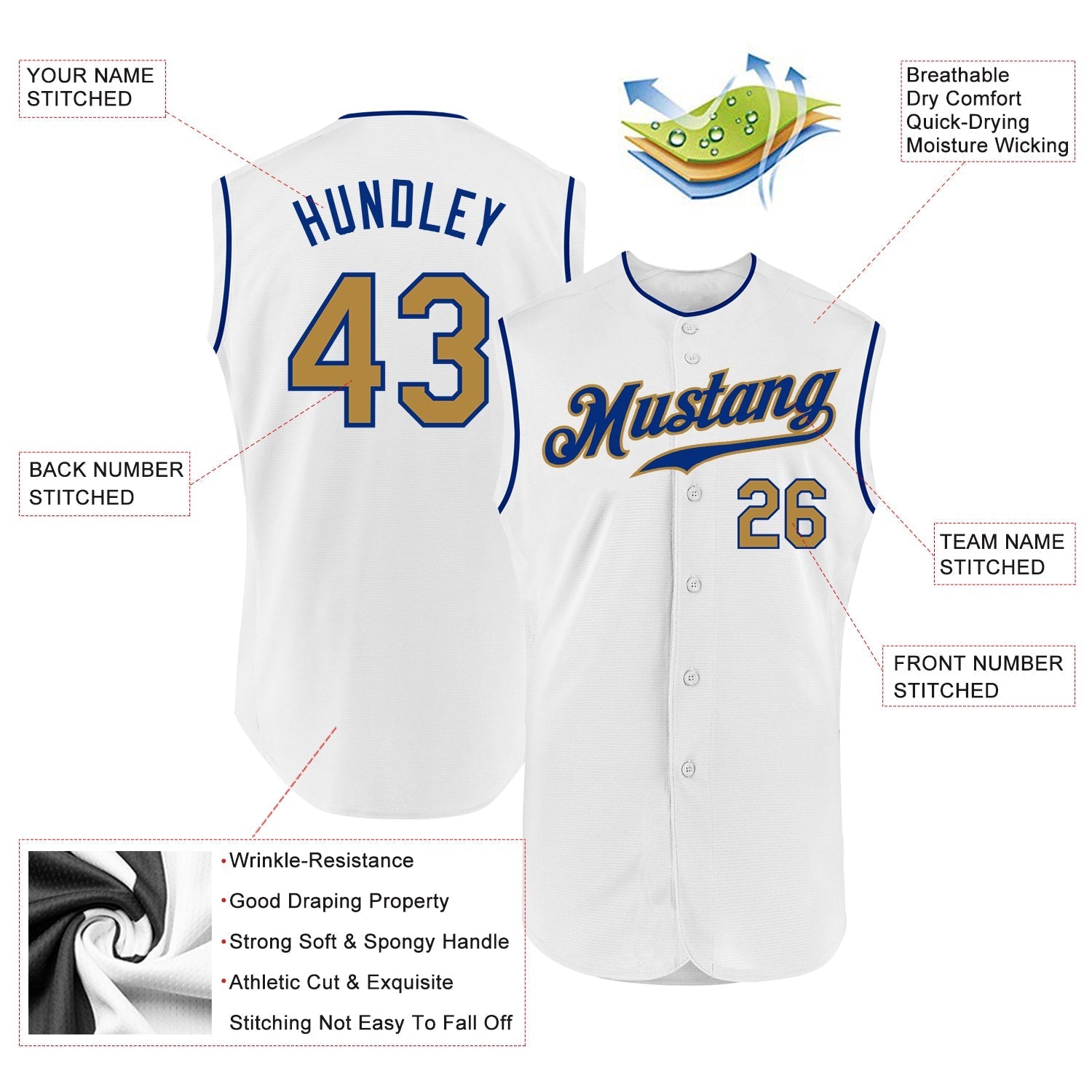 Custom White Old Gold-Royal Authentic Sleeveless Baseball Jersey baseball jersey product view 2