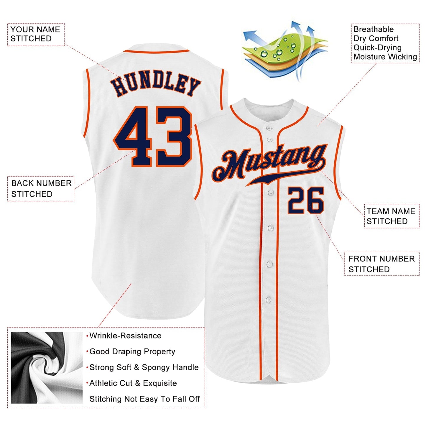 Custom White Navy-Orange Authentic Sleeveless Baseball Jersey baseball jersey product view 2