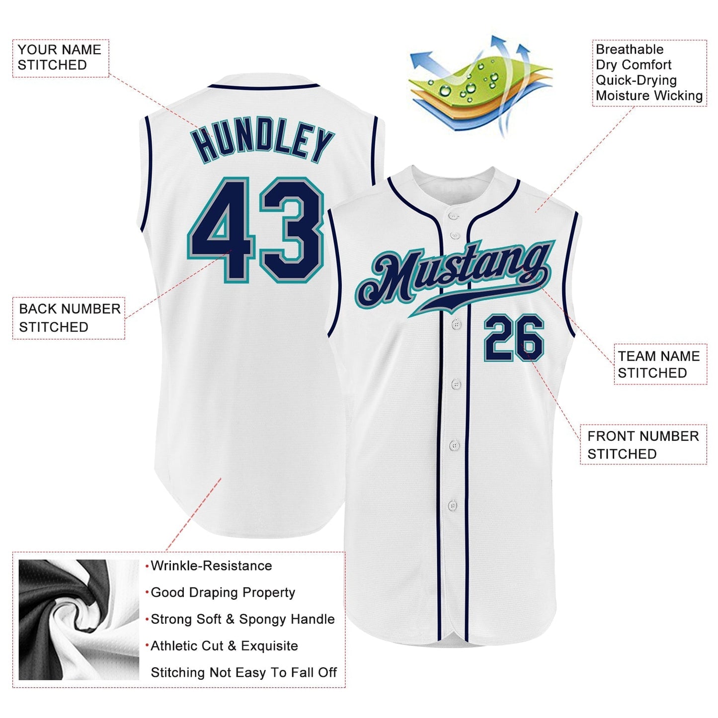 Custom White Navy-Teal Authentic Sleeveless Baseball Jersey baseball jersey product view 2