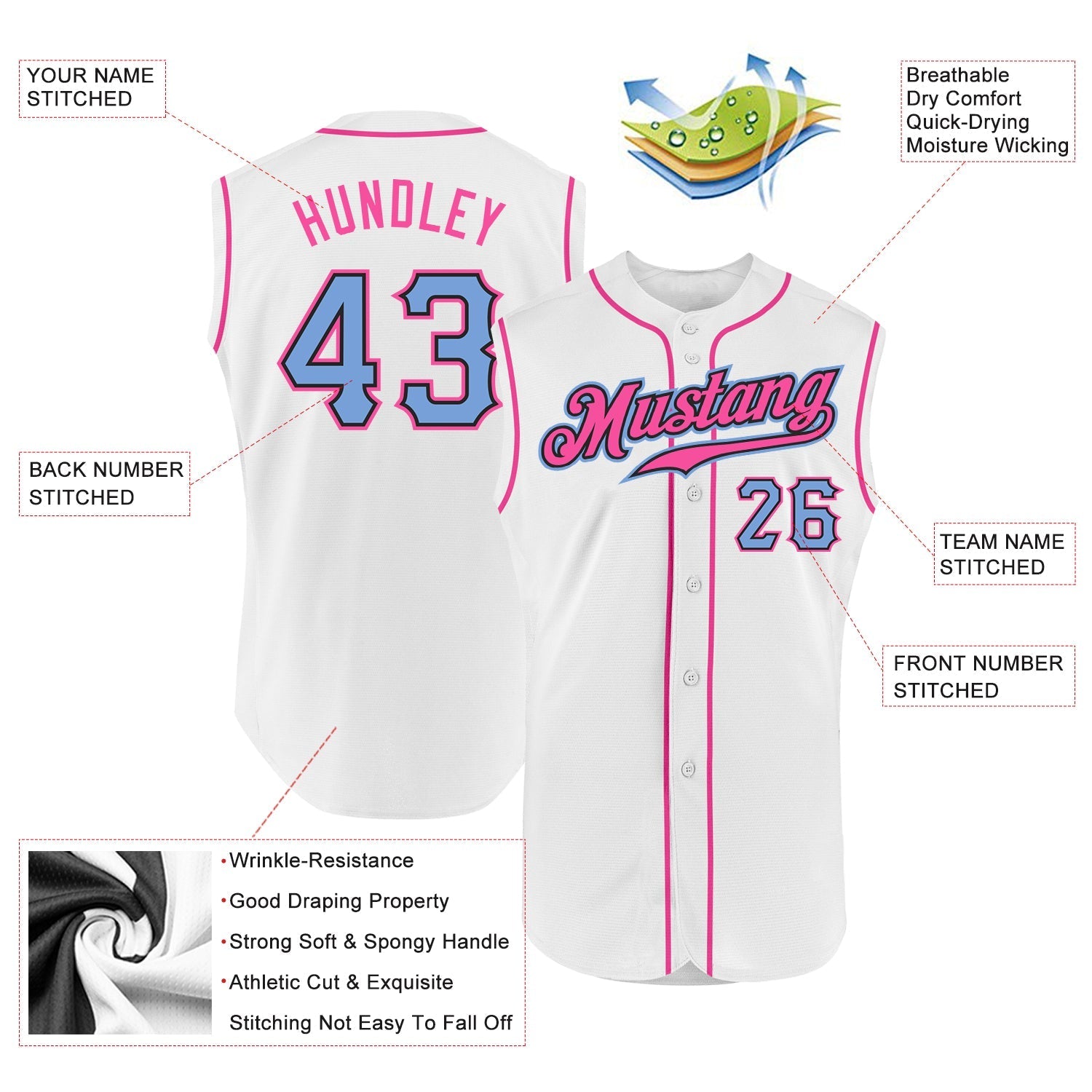 Custom White Light Blue-Pink Authentic Sleeveless Baseball Jersey baseball jersey product view 2
