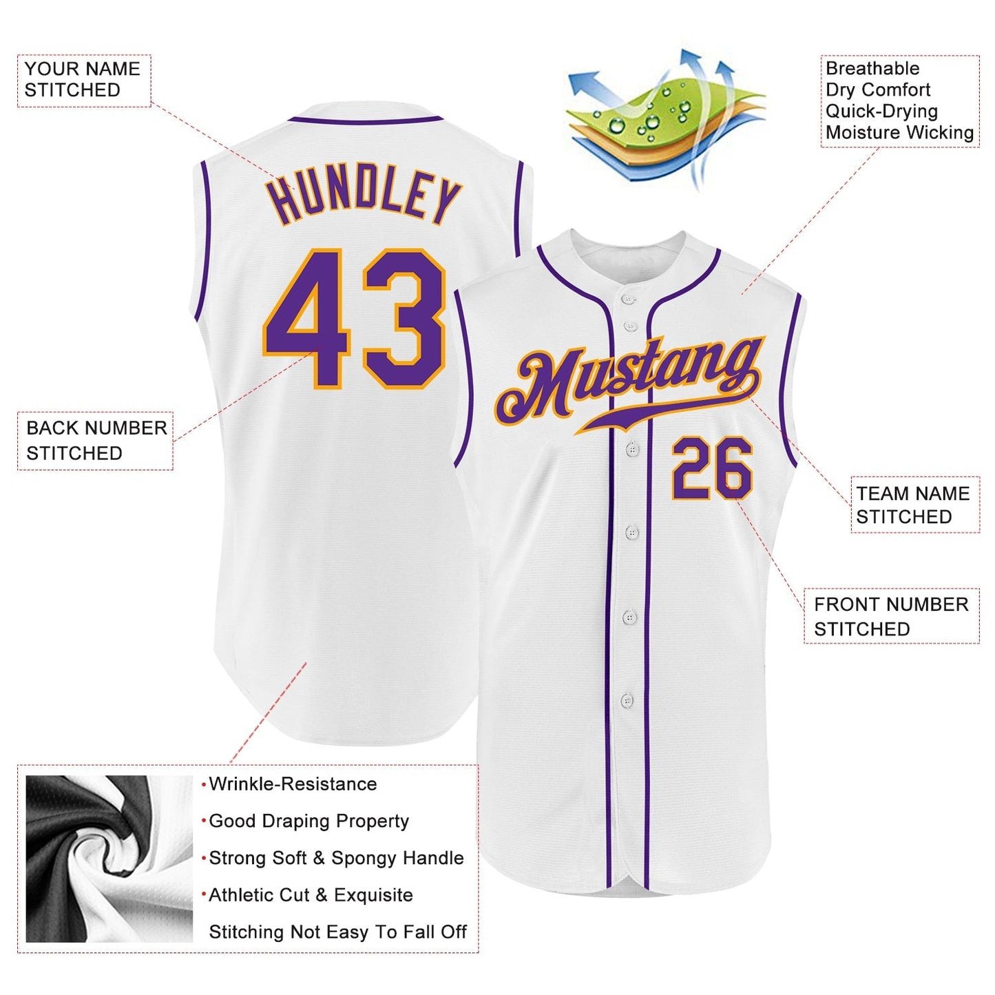 Custom White Purple-Gold Authentic Sleeveless Baseball Jersey baseball jersey product view 2