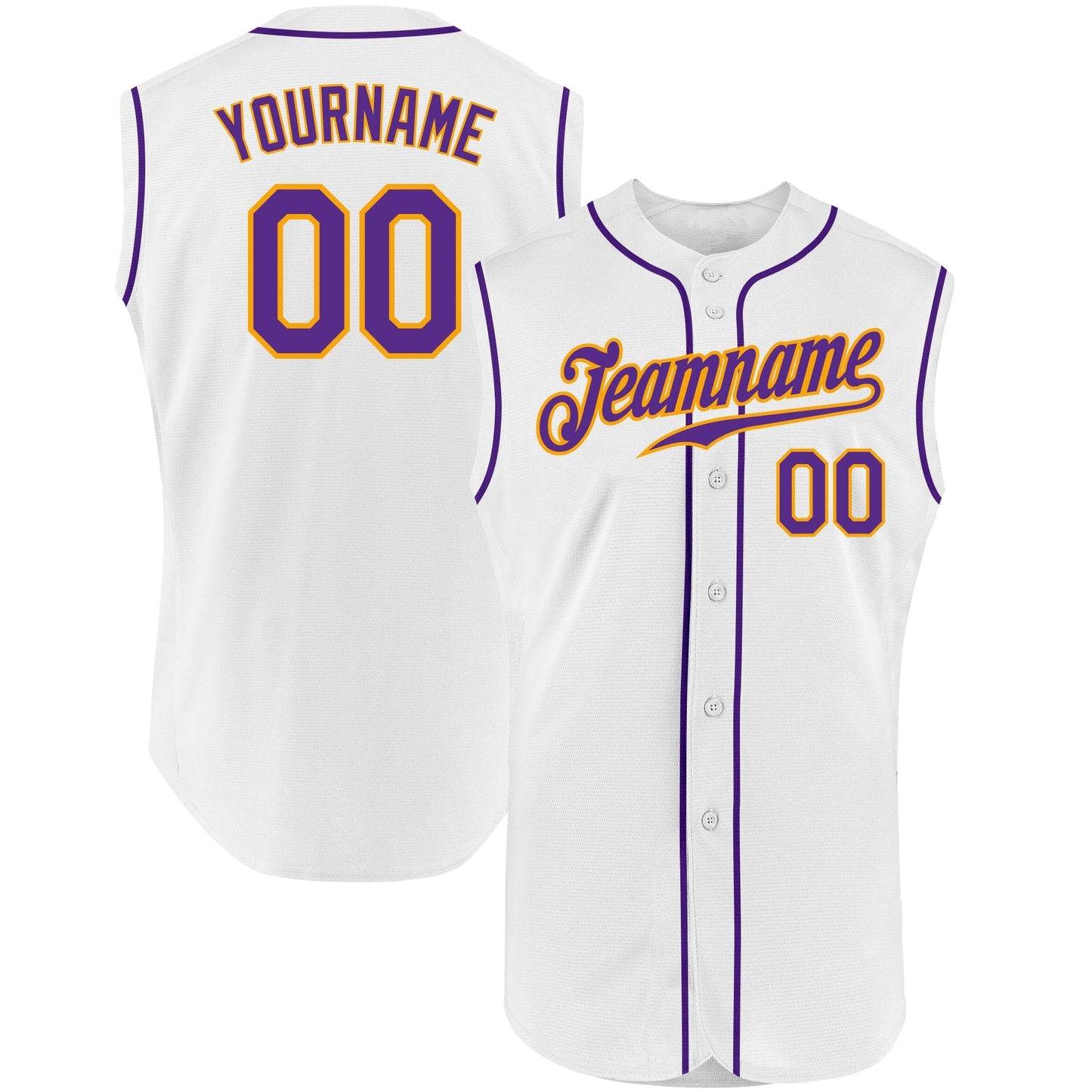 Custom White Purple-Gold Authentic Sleeveless Baseball Jersey baseball jersey product view 1