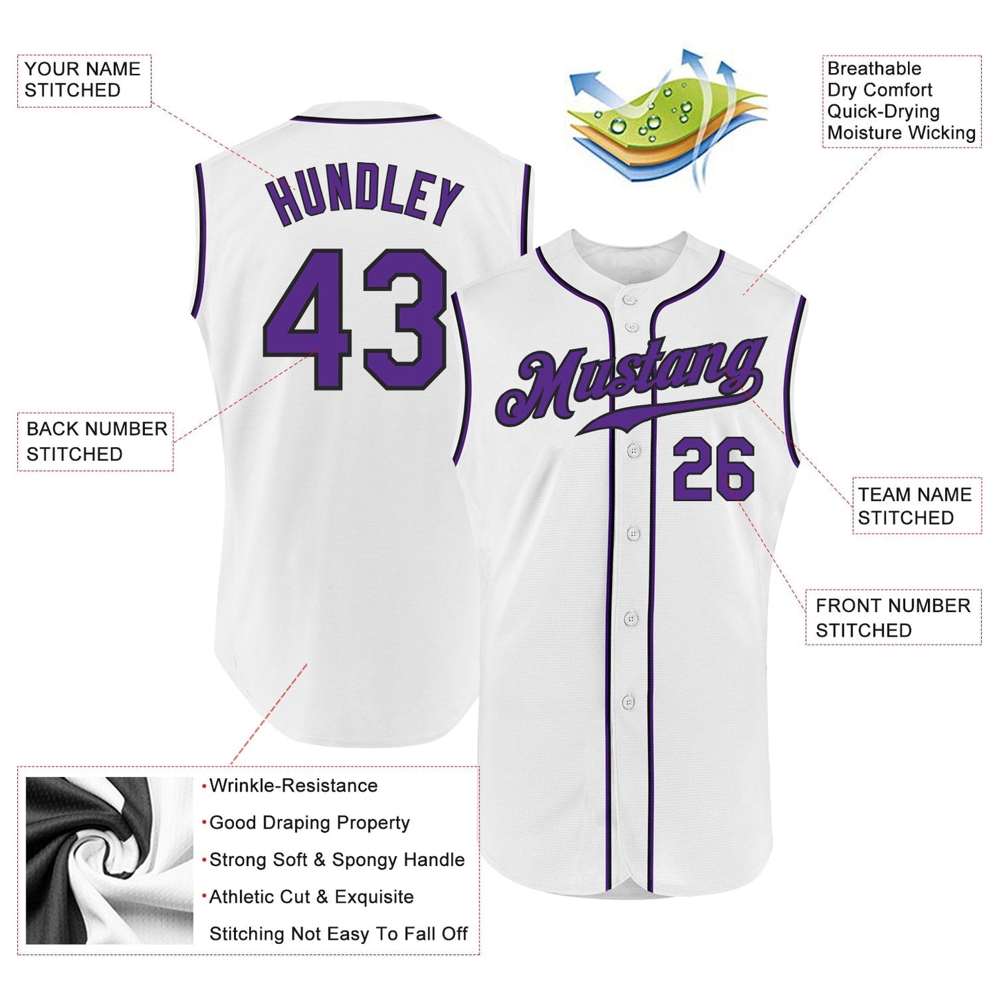 Custom White Purple-Black Authentic Sleeveless Baseball Jersey baseball jersey product view 2