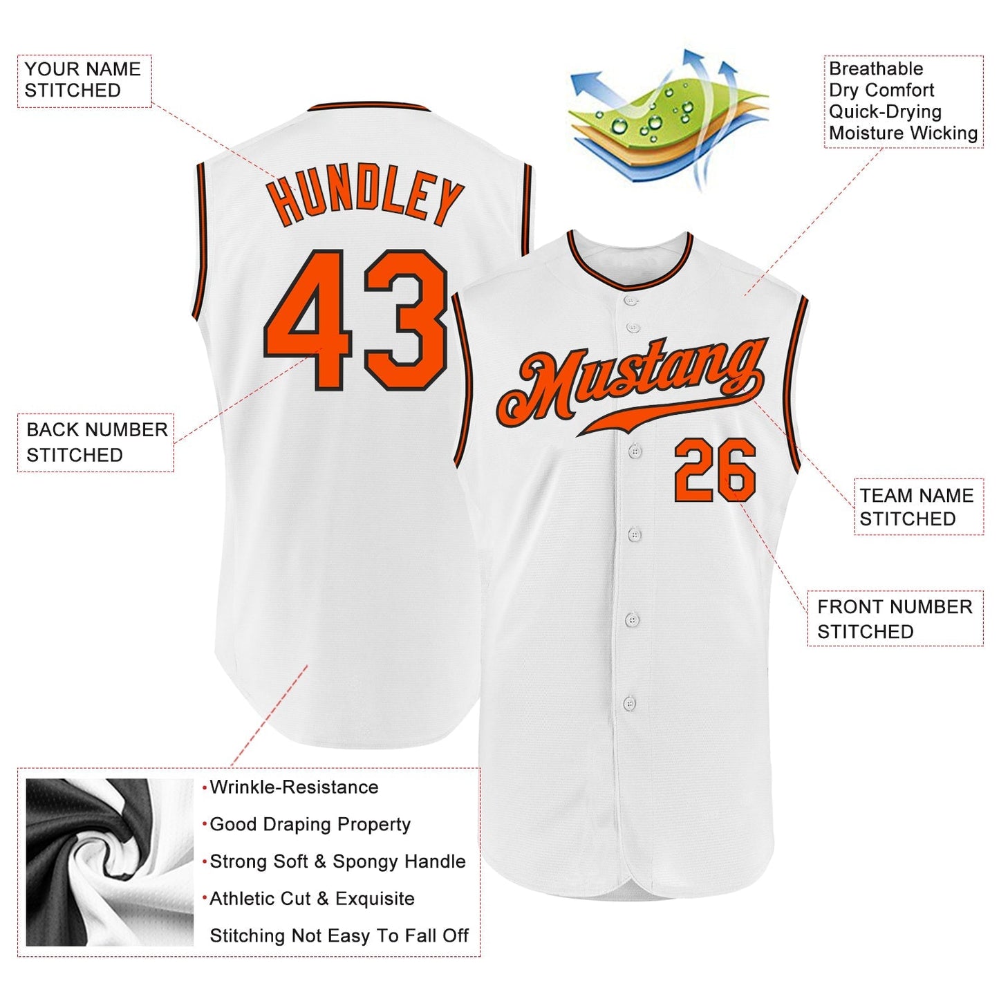 Custom White Orange-Black Authentic Sleeveless Baseball Jersey baseball jersey product view 2