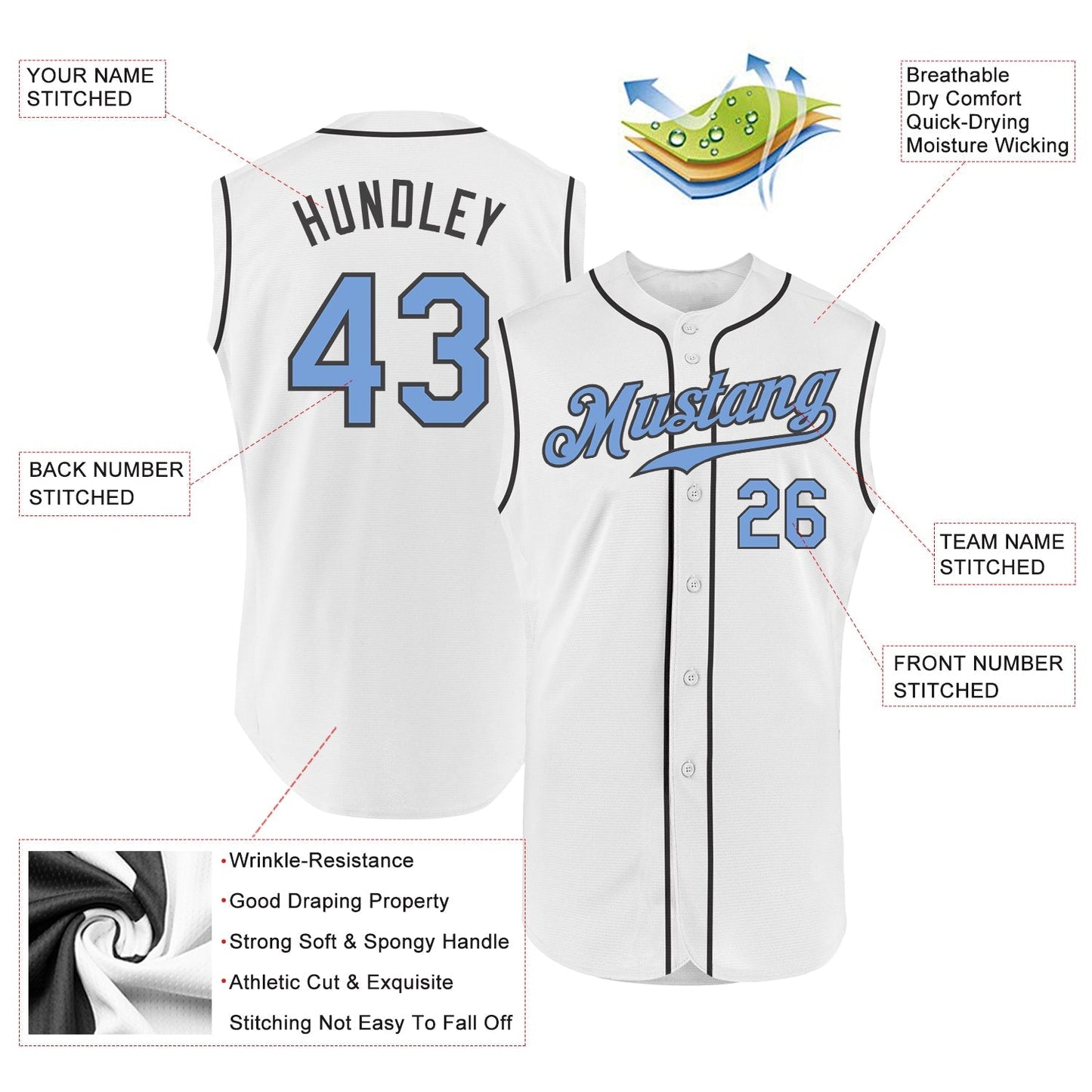 Custom White Light Blue-Steel Gray Authentic Sleeveless Baseball Jersey baseball jersey product view 2