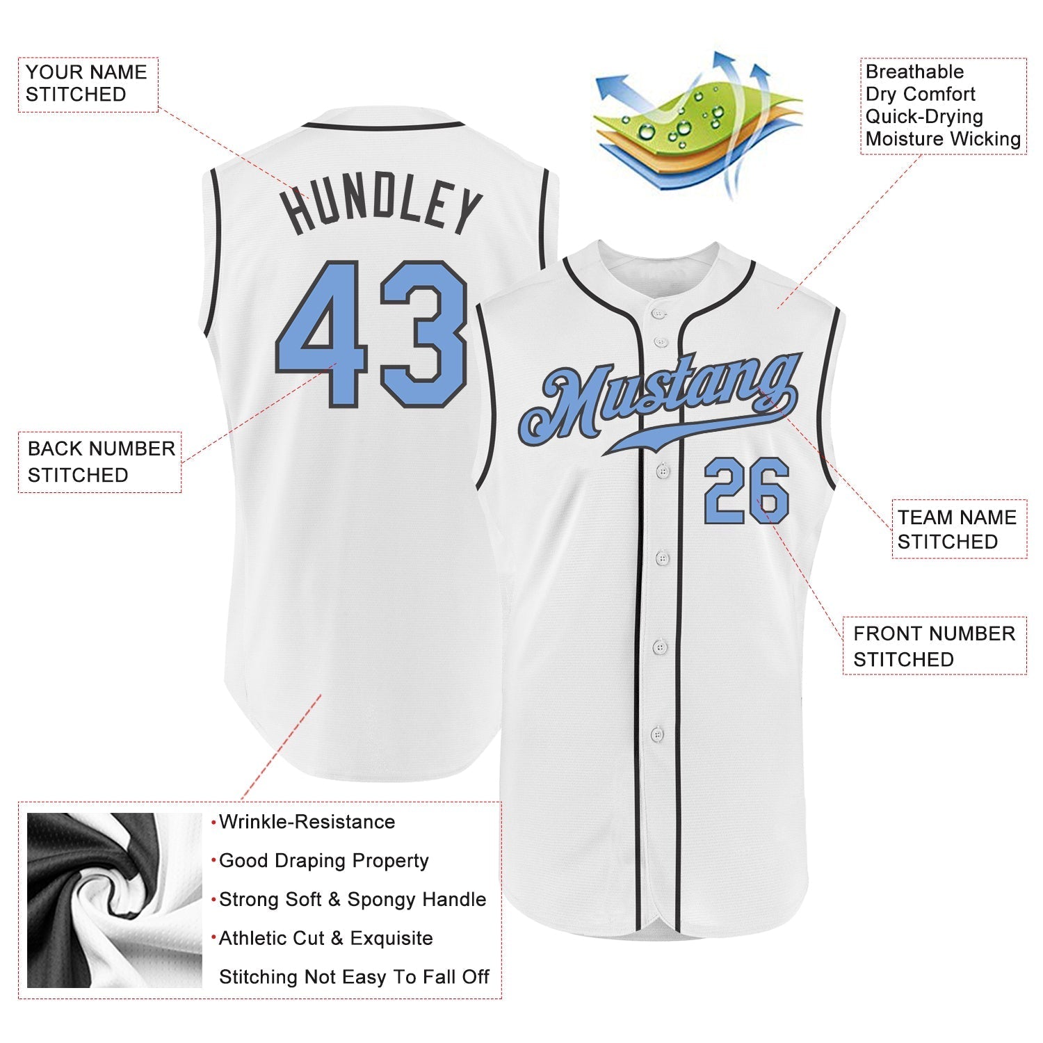 Custom White Light Blue-Steel Gray Authentic Sleeveless Baseball Jersey baseball jersey product view 2