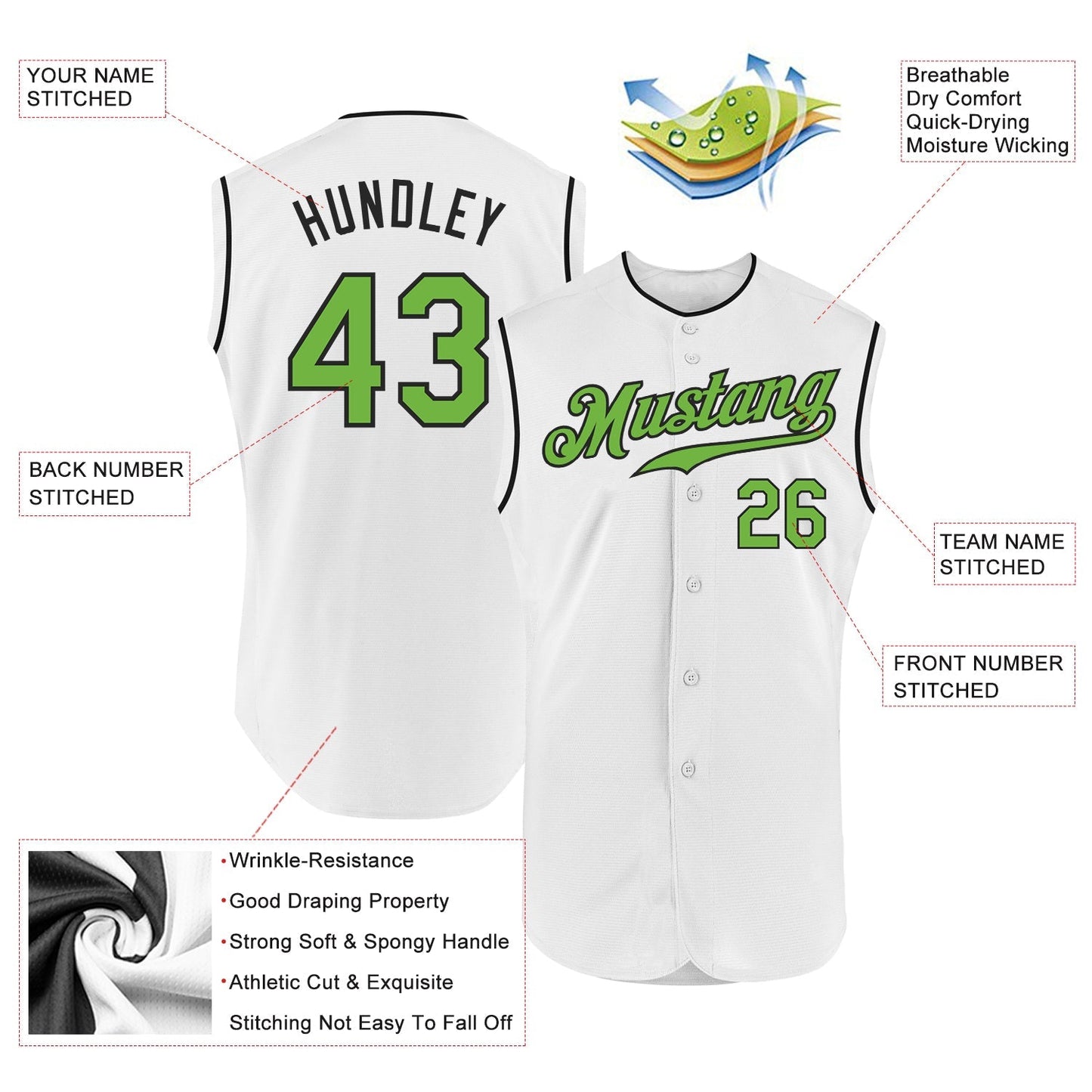Custom White Neon Green-Black Authentic Sleeveless Baseball Jersey baseball jersey product view 2