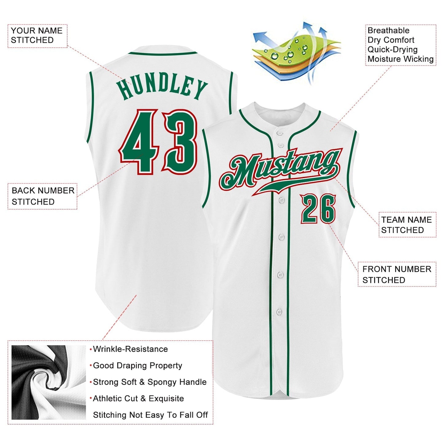 Custom White Kelly Green-Red Authentic Sleeveless Baseball Jersey baseball jersey product view 2