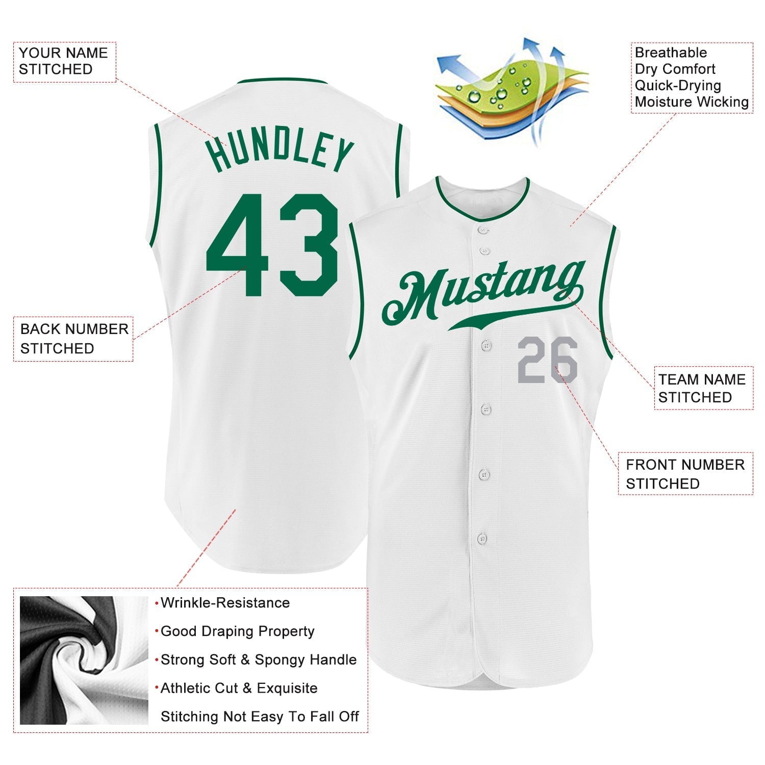 Custom White Kelly Green-Gray Authentic Sleeveless Baseball Jersey baseball jersey product view 2