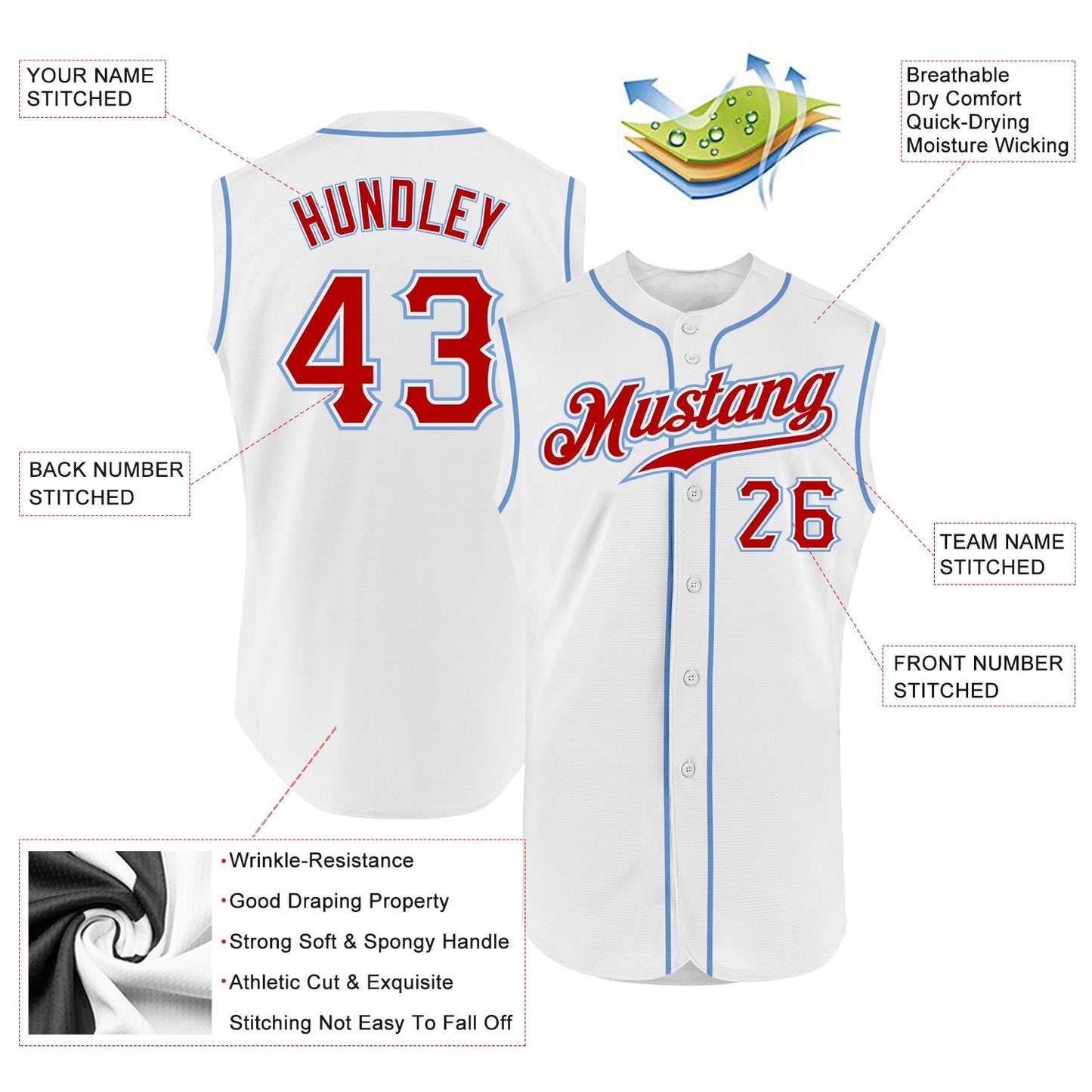 Custom White Red-Light Blue Authentic Sleeveless Baseball Jersey baseball jersey product view 2