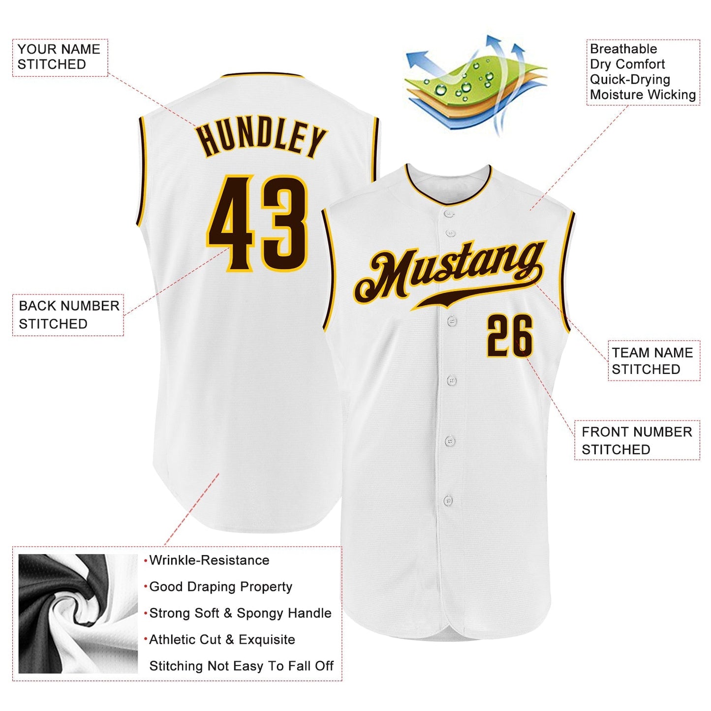 Custom White Brown-Gold Authentic Sleeveless Baseball Jersey baseball jersey product view 2