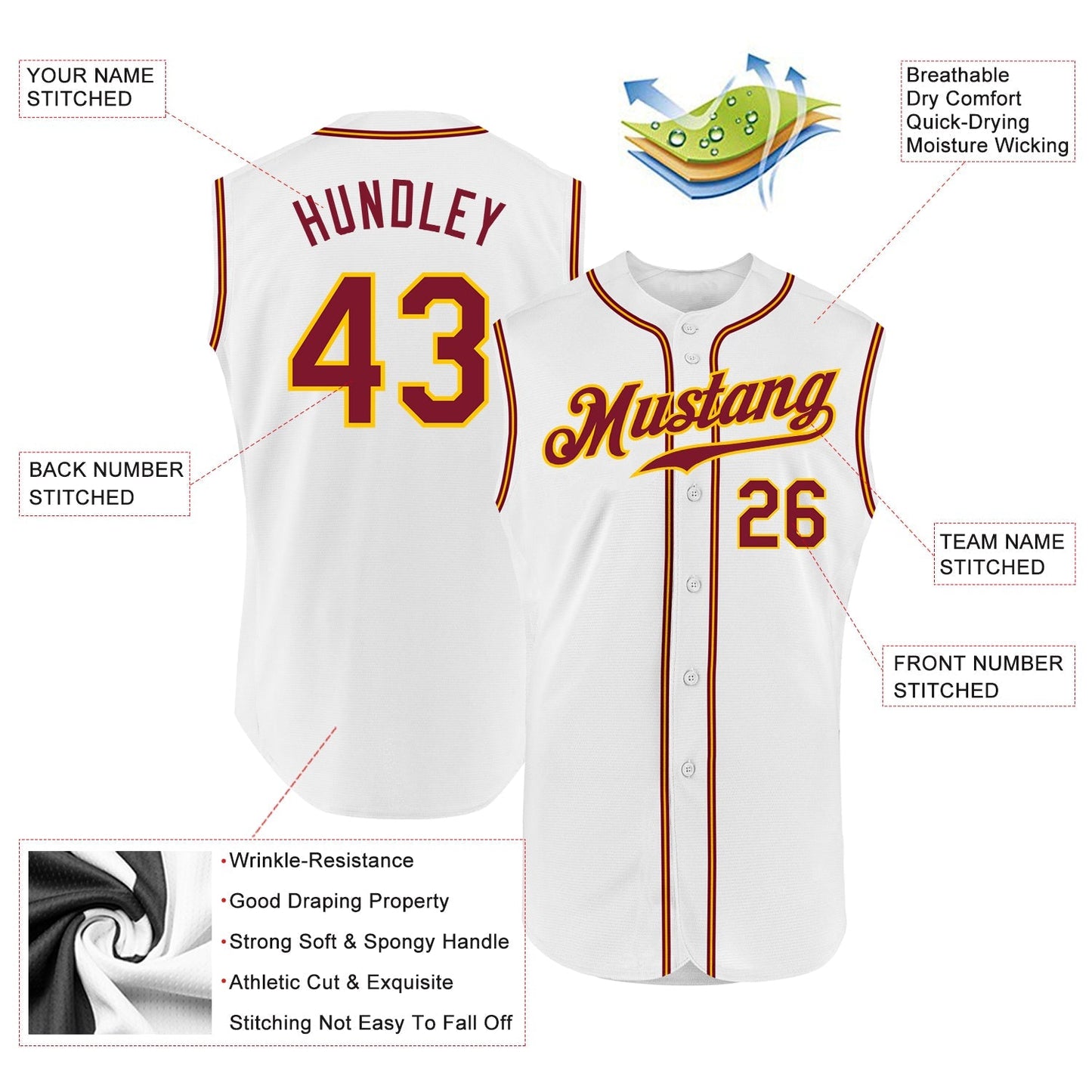 Custom White Crimson-Gold Authentic Sleeveless Baseball Jersey baseball jersey product view 2