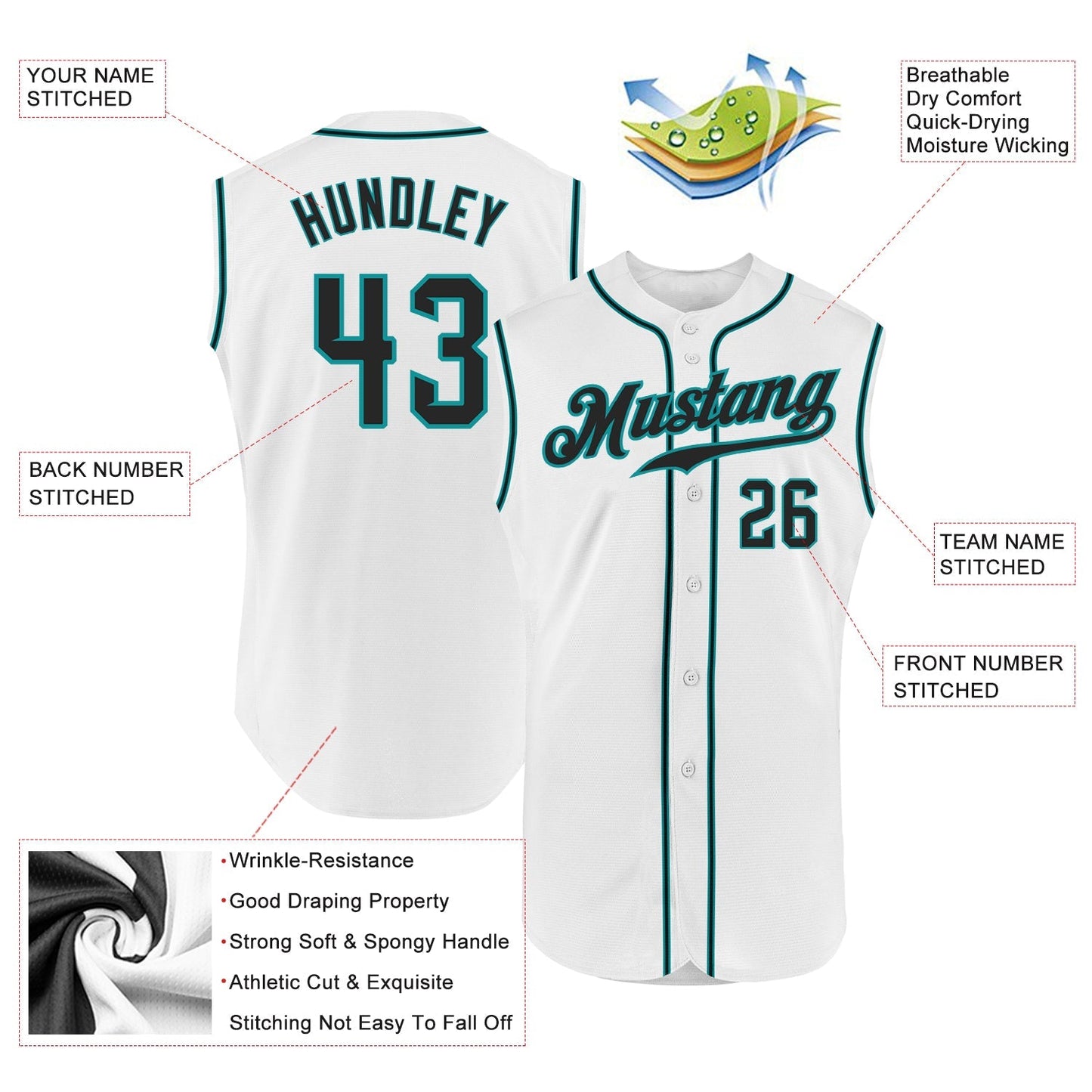 Custom White Black-Teal Authentic Sleeveless Baseball Jersey baseball jersey product view 2