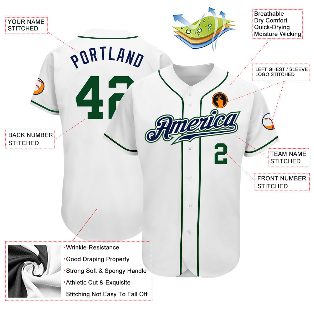 Custom White Green-Navy Authentic Baseball Jersey baseball jersey product view 3